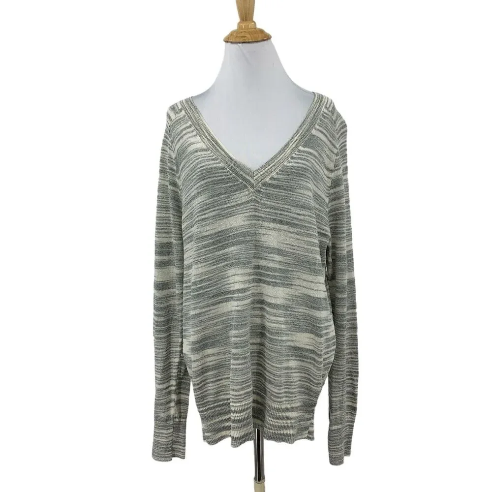 Moth Sweater Womens L Large Gray V Neck Knit Stripe Long Sleeve Anthropologie